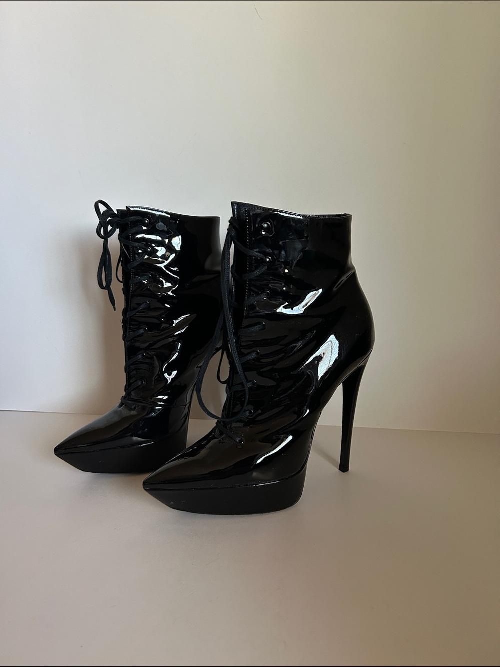 Saint Laurent Black Patent Lace-Up Platform Ankle Boots